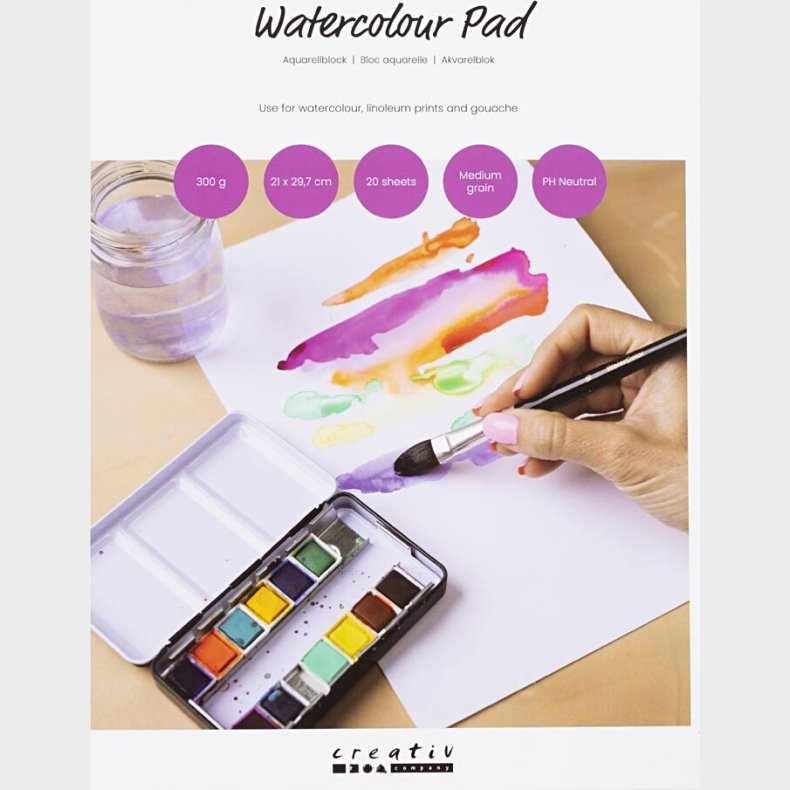 Akvarelblok - A4 - Ark 210x297 Mm - Koldpresset,mellemkornet - 300 G - Hvid - 20 Ark/ 1 Stk.