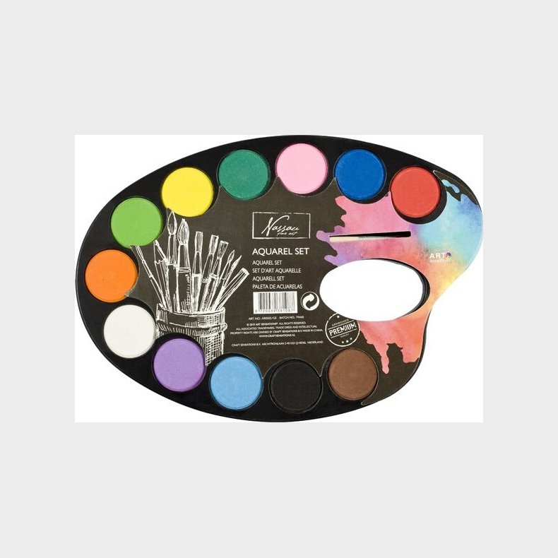 Akvarelmaling Med Palette - 12 Farver - Inkl. Pensel - Nassau