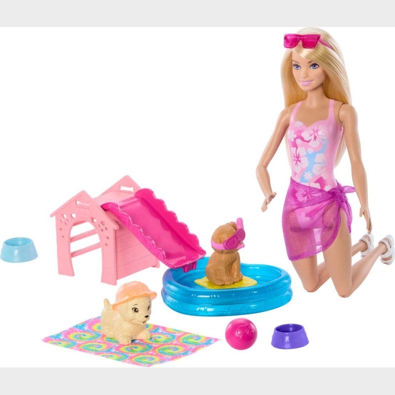 Barbie - Dukke Legest - Hvalpe Pool Party - Aloha Blond