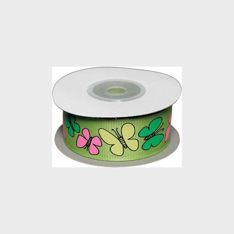Dekobnd Grn M/sommerfugle 25mm 10m - Polyester