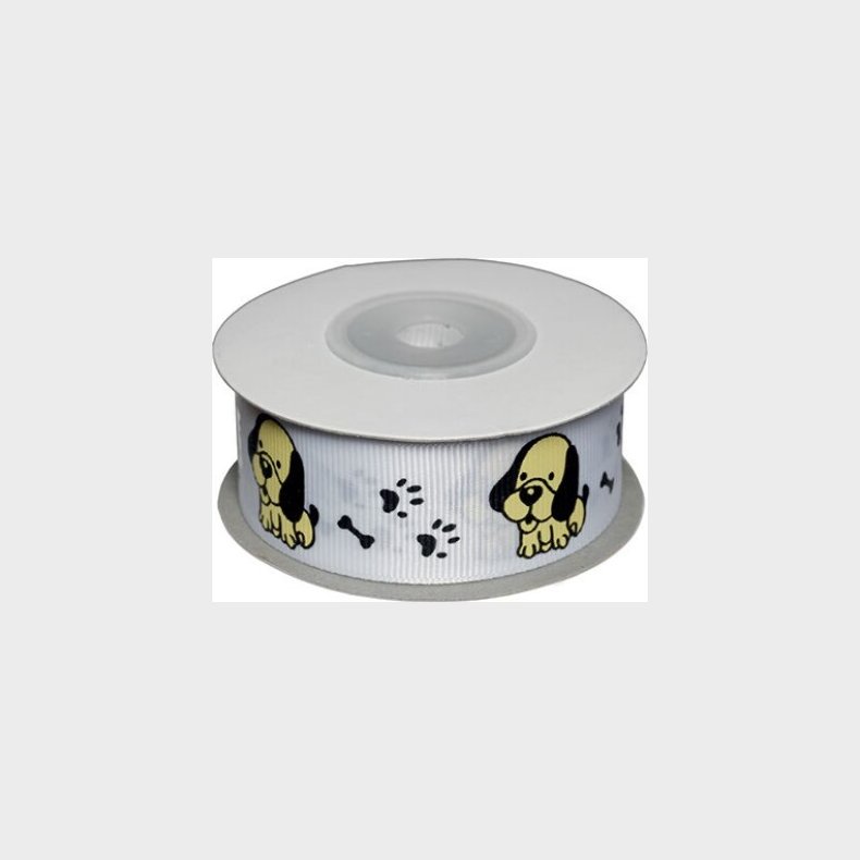 Dekobnd Hvid M/hunde 25mm 10m - Polyester