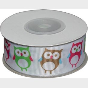 Dekobnd Hvid M/ugler 25mm 10m - Polyester