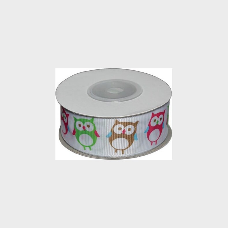 Dekobnd Hvid M/ugler 25mm 10m - Polyester