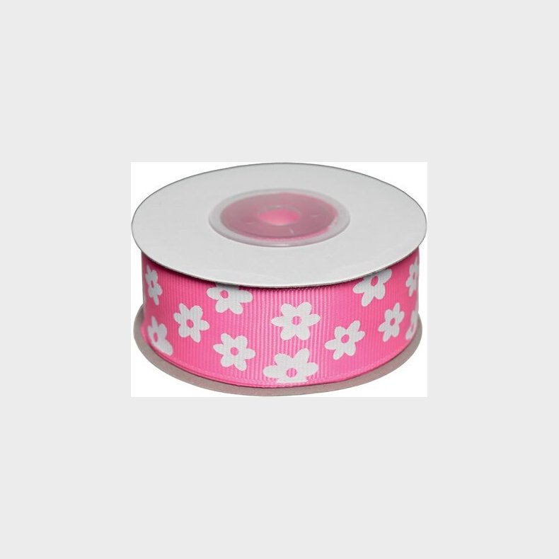Dekobnd Pink M/blomst 25mm 10 - Polyester