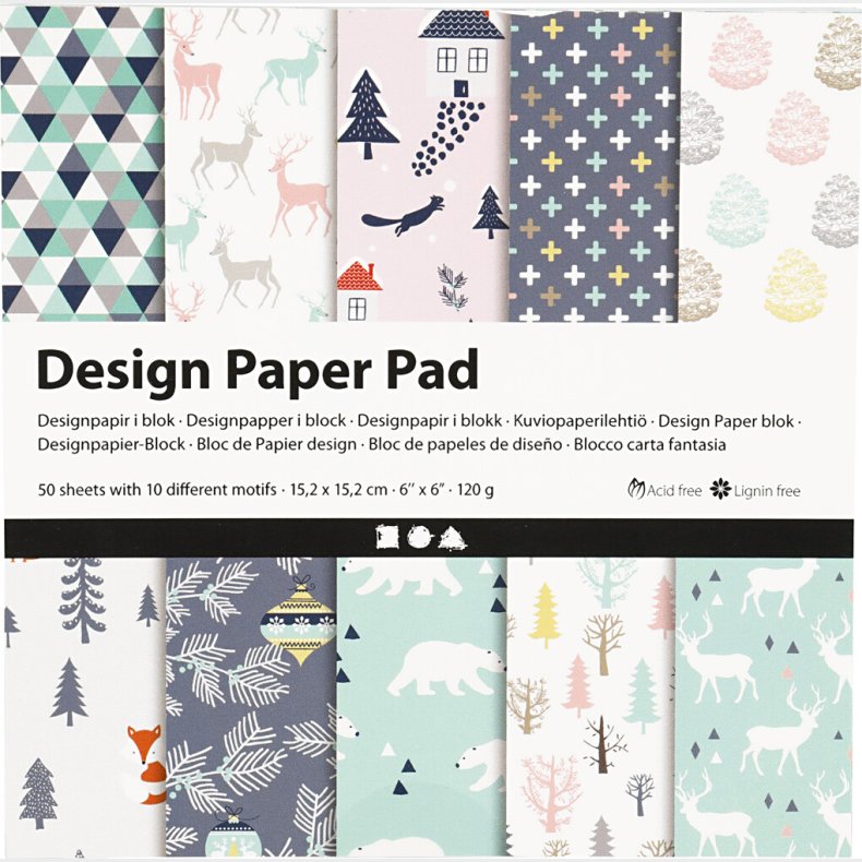 Designpapir I Blok - 15,2x15,2 Cm - 120 G - Lys Grn - Rosa - Hvid - 50 Ark