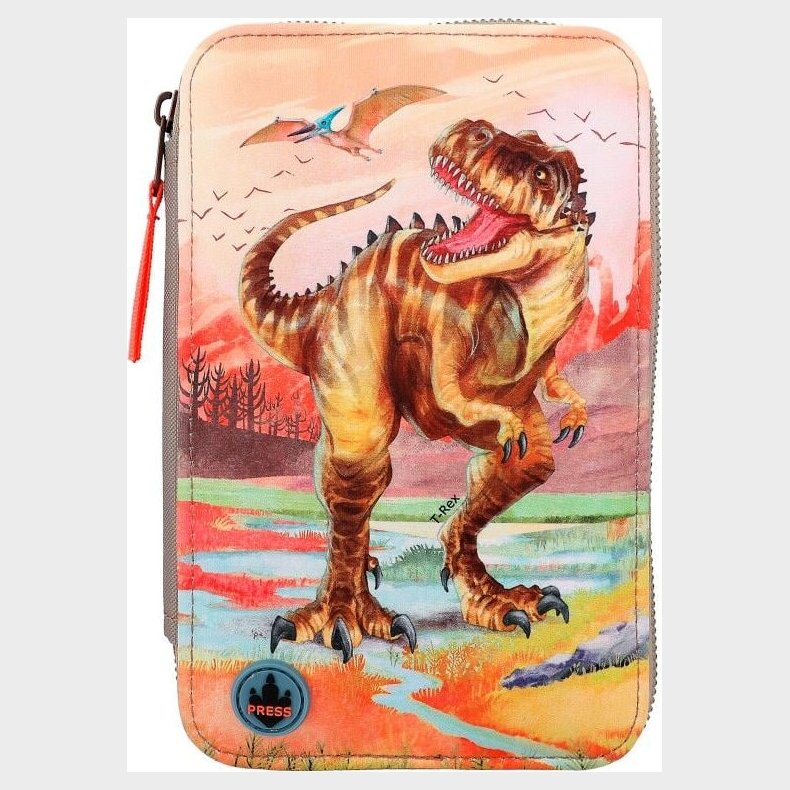 Dino World - Trippel Penalhus Med Led Lys Og Indhold