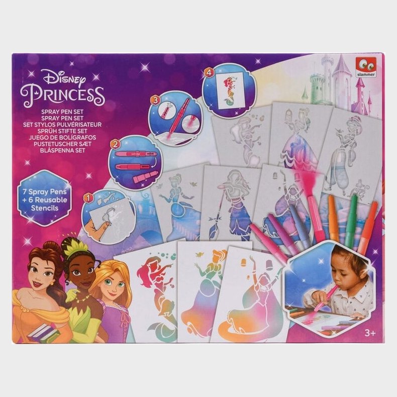 Disney Princess - Spray Pen Male St - 7 Penne Og 6 Skabeloner
