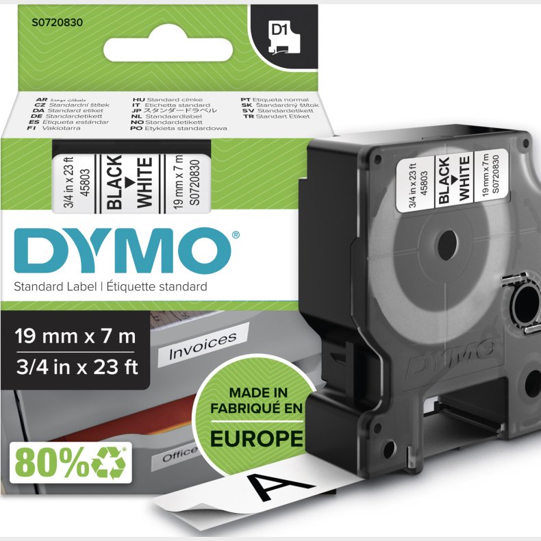 Dymo - D1 Tape - Black On White - 19mm X 7m