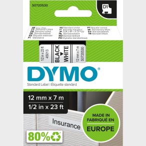 Dymo - D1 Label Tape - 12 Mm X 7 M - Black On White - Sort P Hvid