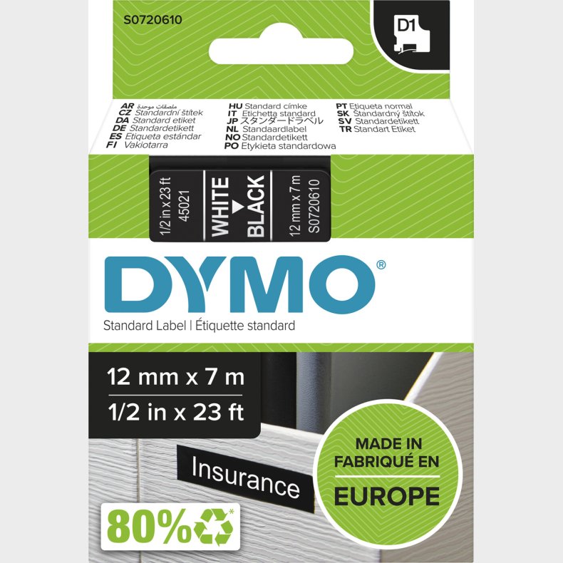 Dymo - D1 Tape - White On Black - 12mm X 7m