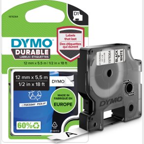 Dymo D1 Durable Tape - Black On White - 12mm X 5.5m