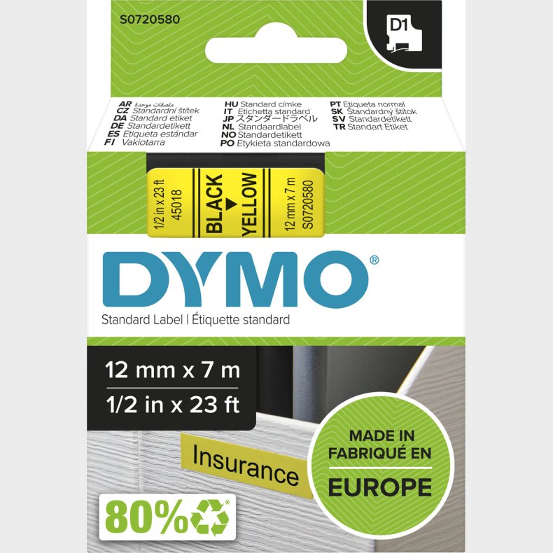 Dymo D1 Tape - Black On Yellow - 12mm X 7m