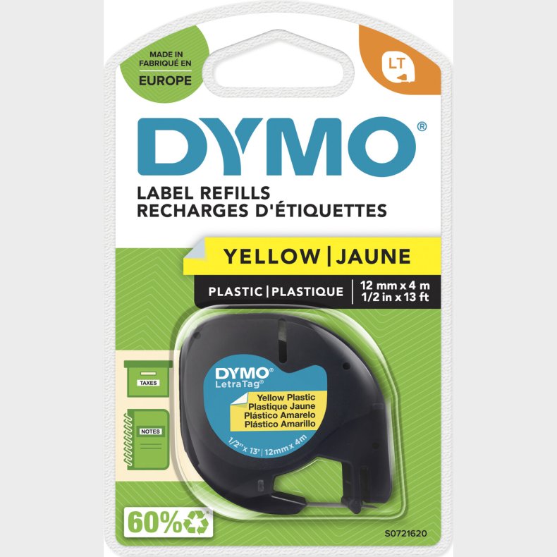 Dymo - Letratag Tape - Yellow Plastic - 12 Mm - 4 M - Sort P� Gul