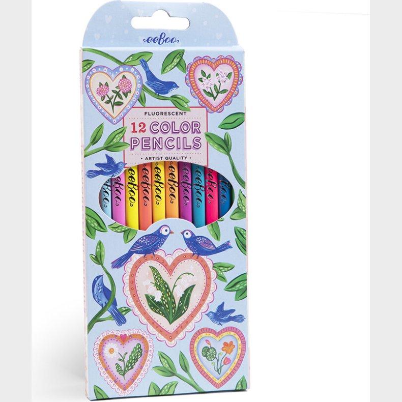 Farveblyanter - Fluorescerende - Hjerter Og Fugle - 12 Farver - Eeboo
