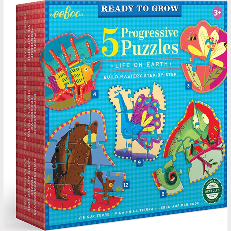 Eeboo - 5 Puslespil 3-12 Brikker - Dyreliv