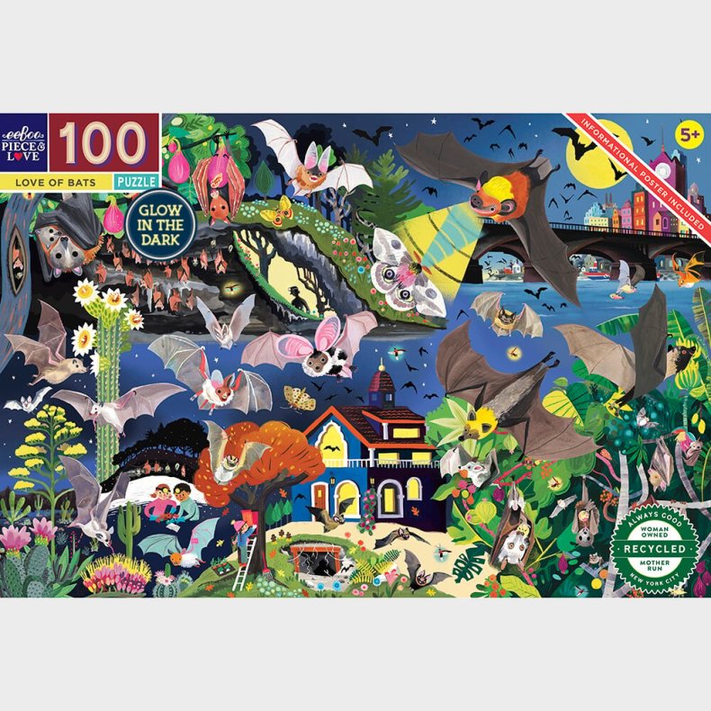 Eeboo Puslespil - Flagermus - Glow In The Dark - 100 Brikker