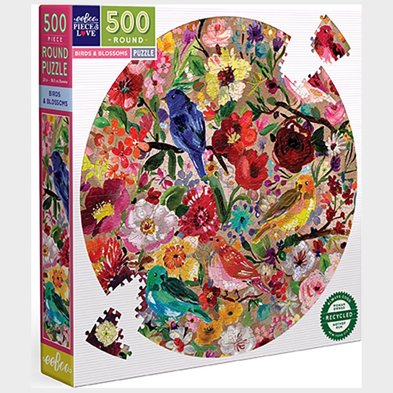 Eeboo - Rundt Puslespil 500 Brikker - Birds Og Blossoms