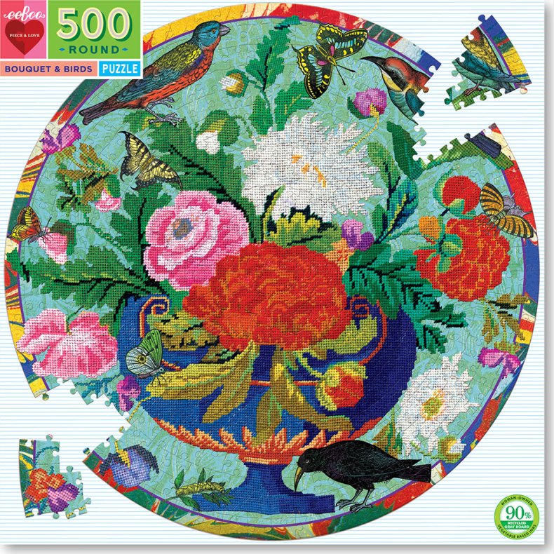 Eeboo - Rundt Puslespil 500 Brikker - Broderi Blomster Og Fugl