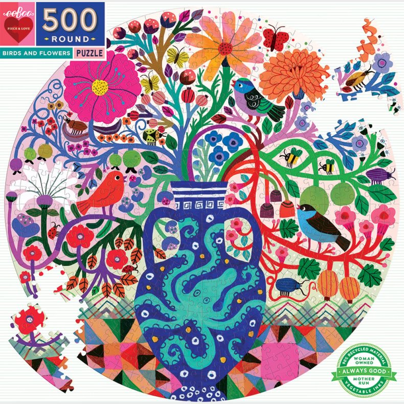 Eeboo Puslespil - 500 Brikker - Fugle Og Blomster