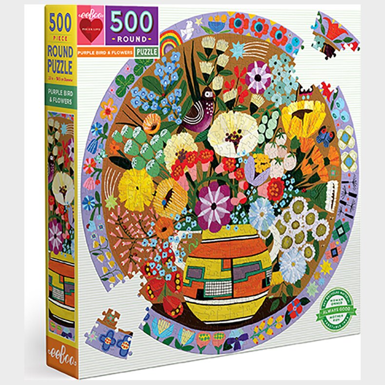 Eeboo - Rundt Puslespil 500 Brikker - Purple Bird And Flowers