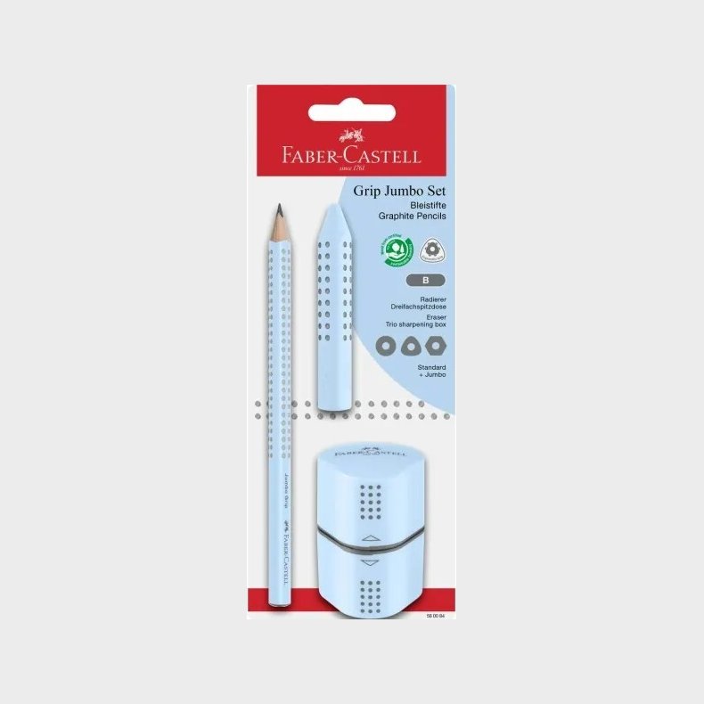 Faber-castell - Jumbo Grip Grafitblyant, Viskelder Og Spidser - Lysebl