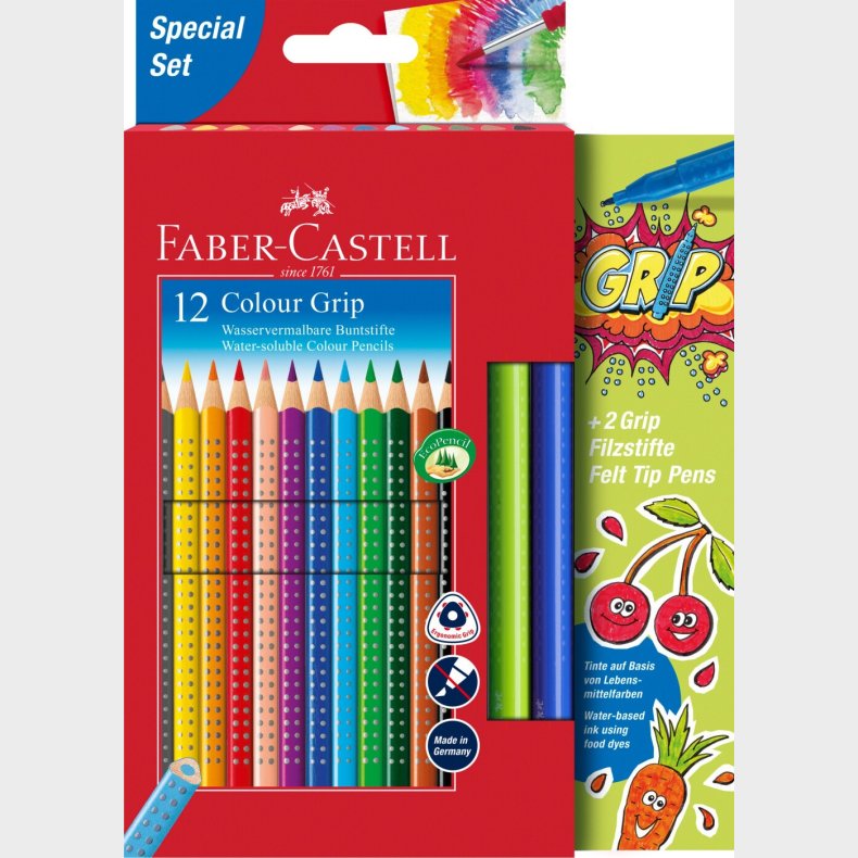 Faber-castell - 12 Colour Grip Farveblyanter + 2 Felt Tip Pens