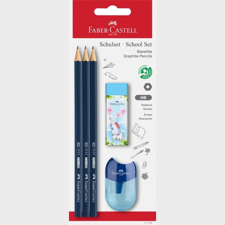 Faber-castell - 3 Blyanter, Viskel�der Og Blyantspidser - M�rkebl�