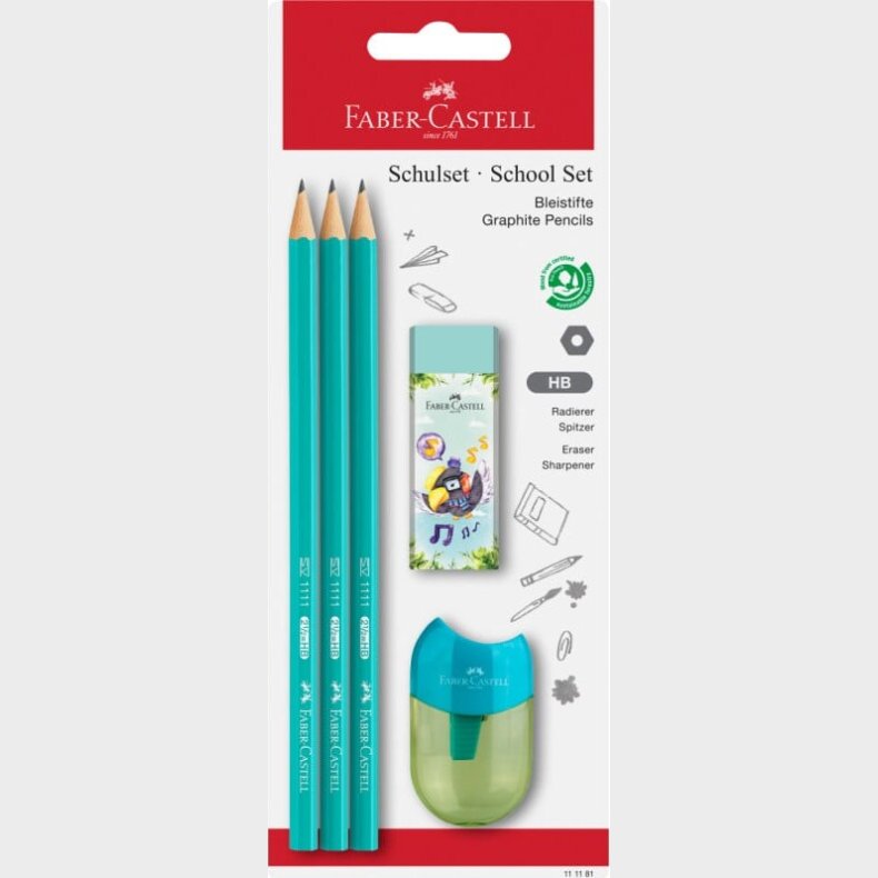 Faber-castell - 3 Blyanter, Viskelder Og Blyantspidser - Bl