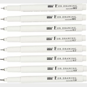 Fine Line Skrive/tegnetusch - Tykkelse 0,03+0,05+0,1+0,2+0,3+0,5+0,8+1,0 Mm - Sort - 8 Stk.