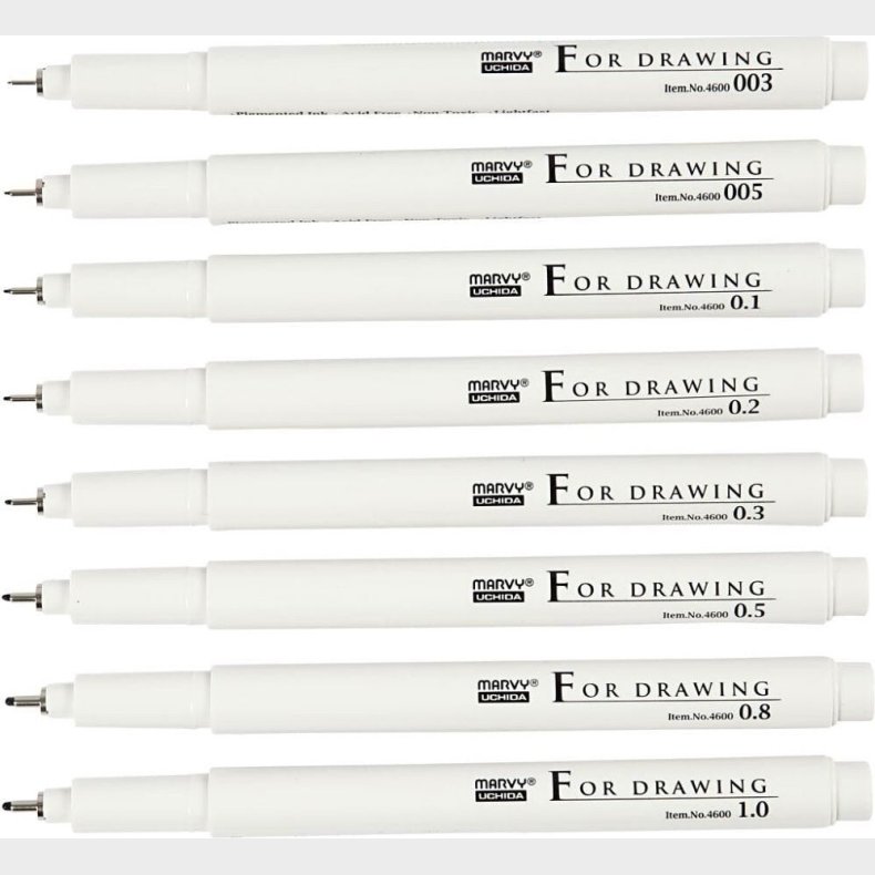 Fine Line Skrive/tegnetusch - Tykkelse 0,03+0,05+0,1+0,2+0,3+0,5+0,8+1,0 Mm - Sort - 8 Stk.