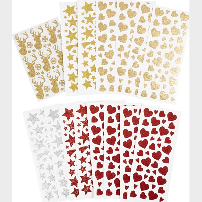Glimmer Klistermrker - Hjerter, Stjerner Og Rensdyr - 8 Ark
