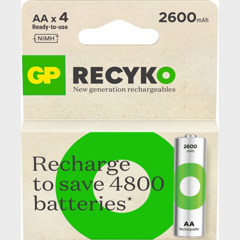 Gp - Recyko Genopladelige Aa Batterier - 2600 Mah - 4-pak