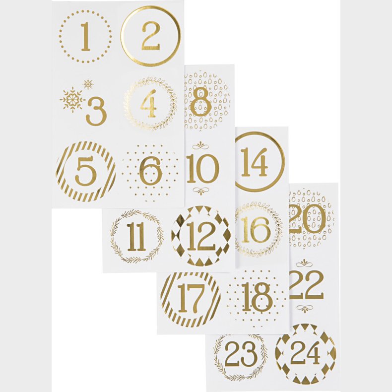 Juleklistermrker - 24 Kalendertal - Guld Og Hvid - 4 Ark