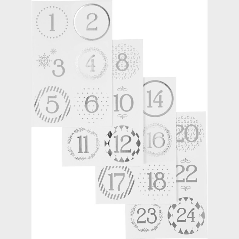 Juleklistermrker - 24 Kalendertal - Slv Og Hvid - 4 Ark