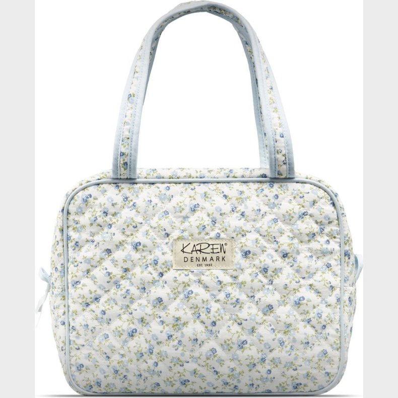Karen - Stor Toilettaske Med Hank - Bl� Sm�blomstret Quilt - Large