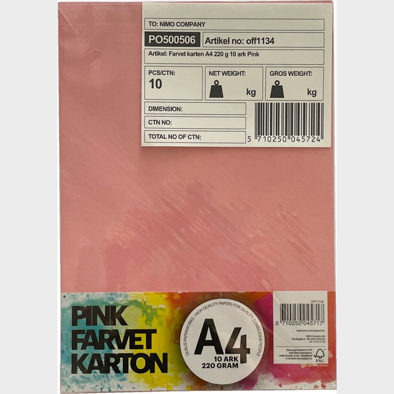Karton A4 220 G - 10 Ark - Pink