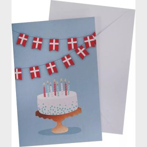 Kort Med Konvolut Flag + Kage 11 X 17 Cm