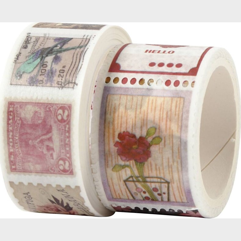 Masking Tape - Frimrke- Og Blomstermotiver - L 3+5 M - B 20+25 Mm - 2 Ruller