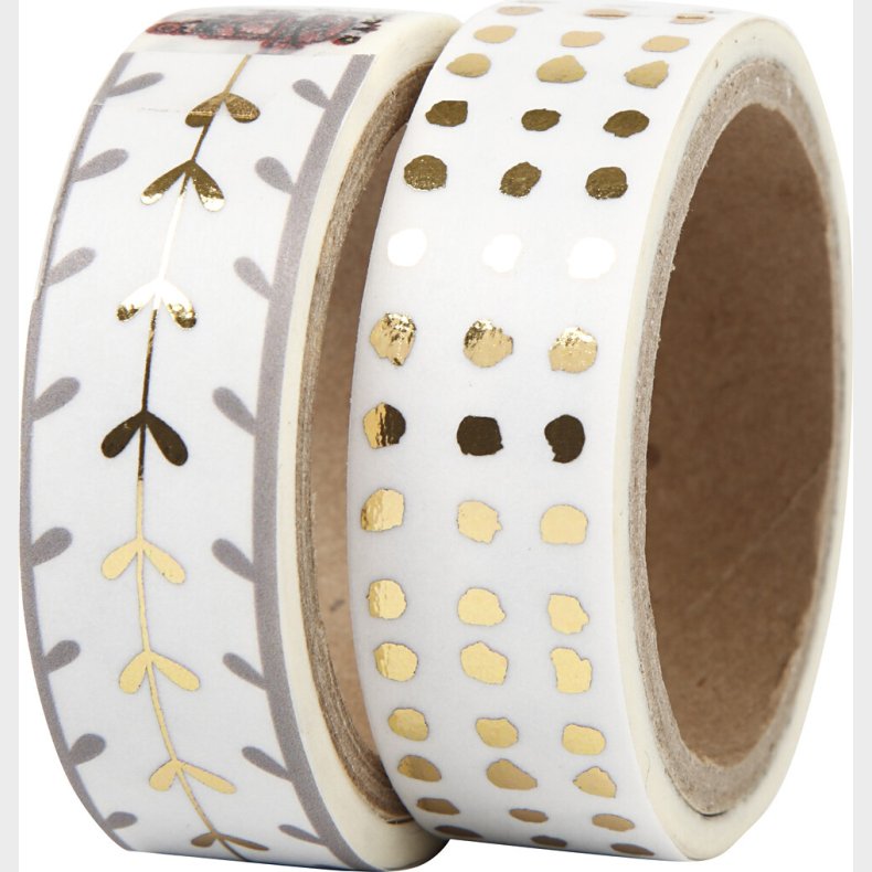 Masking Tape - Hjerter Og Prikker - Folie - B 15 Mm - Guld - Hvid - 2x4 M