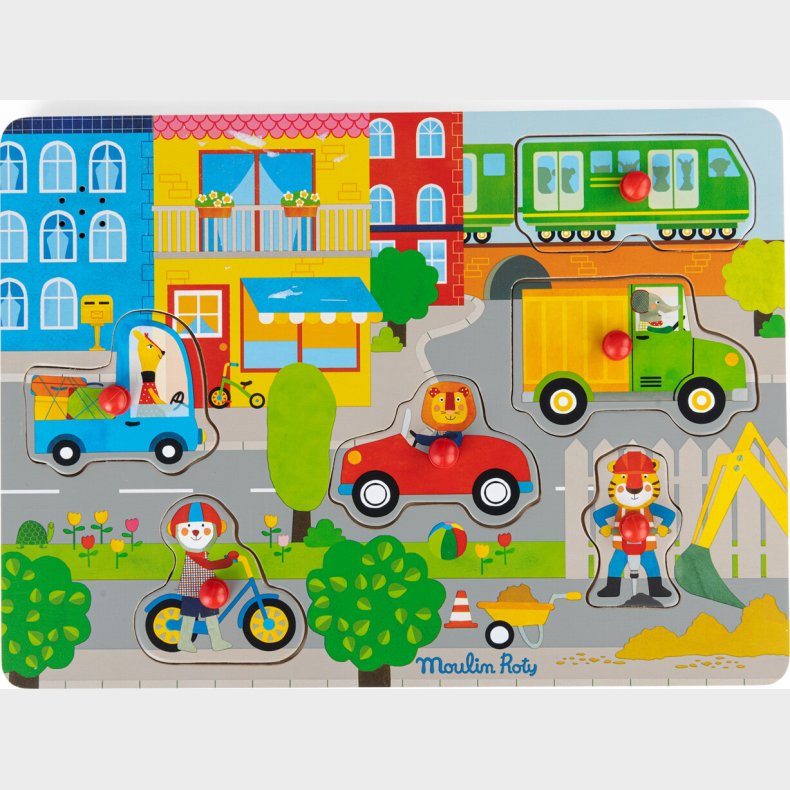 Moulin Roty - Knoppuslespil Med Lyd 6 Brikker - Byen - Les Popipop