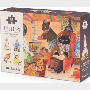 Moulin Roty - Mini Puslespil 4 X 12 Brikker - En Fantastisk Dag - Les Minouchkas