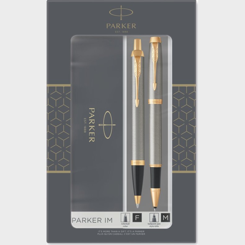 Parker - Im Duo Gavest Med Kuglepen Og Rullekuglepen - Brstet Metal Med Guldkant