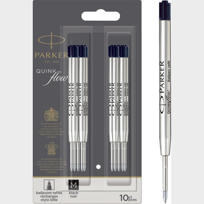 Parker - Quinkflow Kuglepen Blkpatroner - Sort - Medium Spids - 10 Stk.