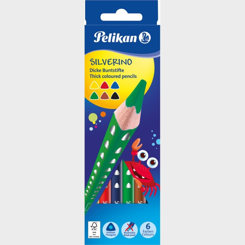 Pelikan - Silverino - Tykke Farveblyanter - 6 Farver