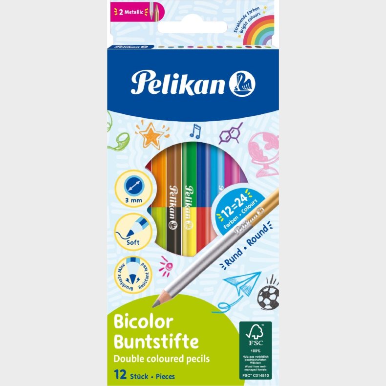 Farveblyanter - Dobbeltsidet - 12 Stk - 24 Farver - Pelikan