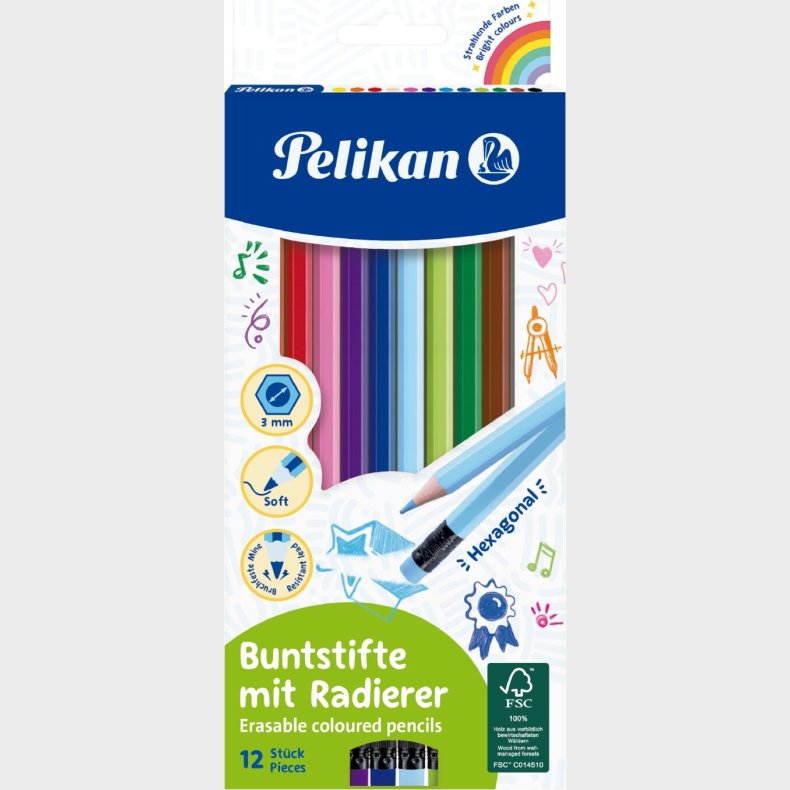 Farveblyanter Med Viskelder - 12 Farver - Pelikan