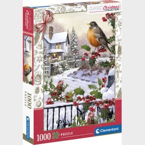 Clementoni Puslespil - 1000 Brikker - Classic Christmas - Robin & Holly Bushes