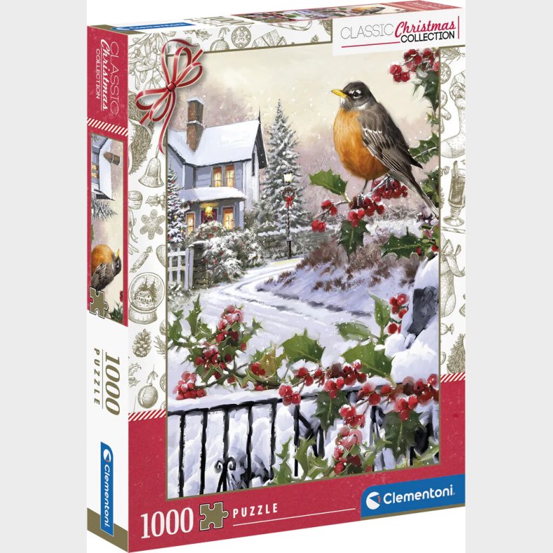 Clementoni Puslespil - 1000 Brikker - Classic Christmas - Robin & Holly Bushes