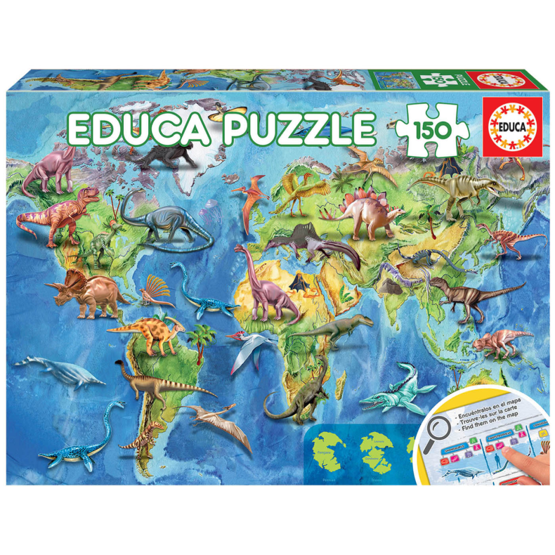 educa | Puslespil m. 150 brikker - Verdenskort m. dinoer