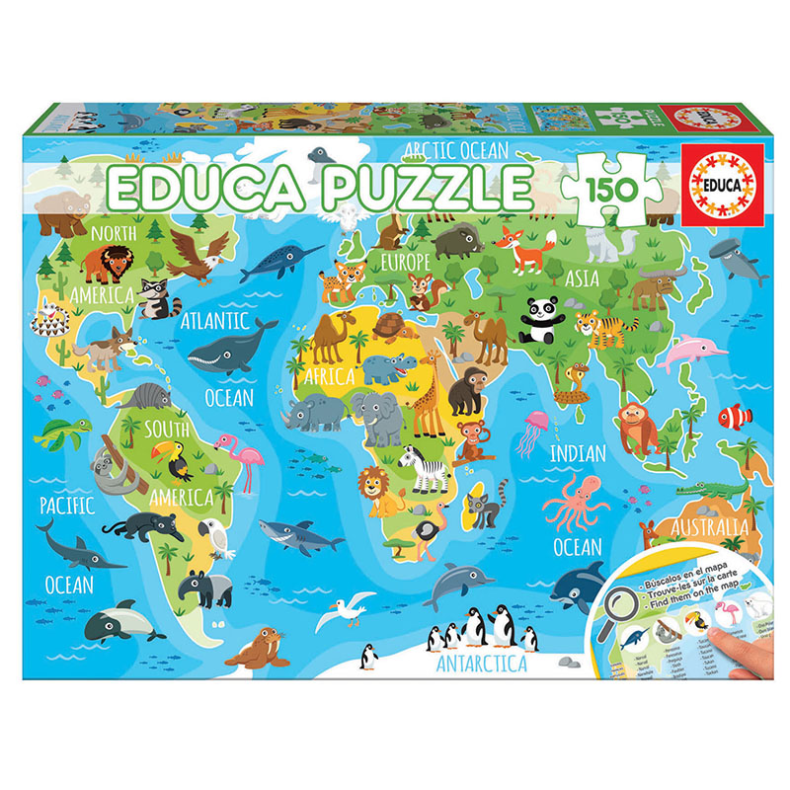 educa | Puslespil m. 150 brikker - Verdenskort m. dyr